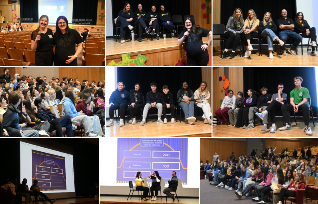 students sitting on stage in front of screen with game show questions